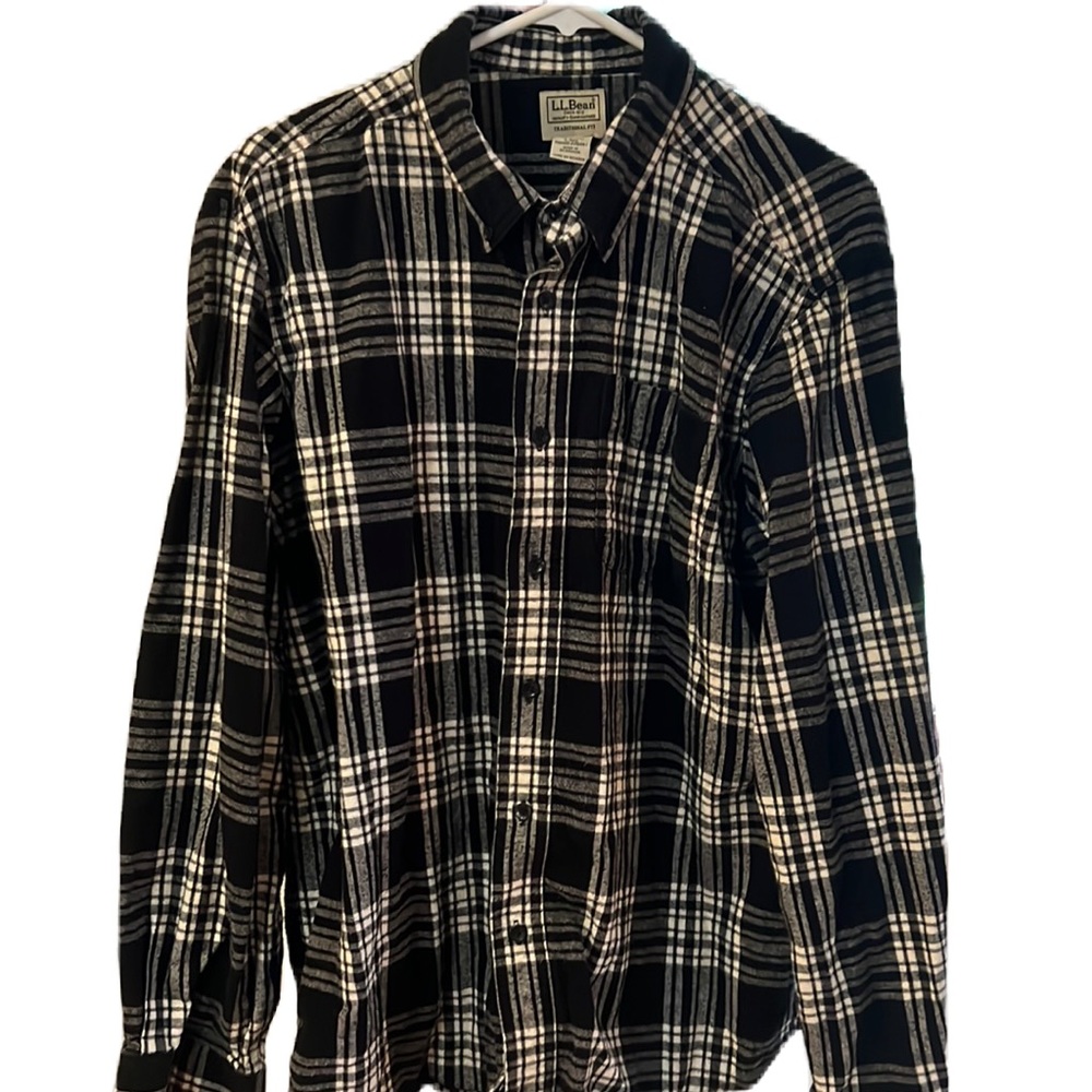 L.L. Bean Men Plaid Shirt Black & White Traditional Fit LARGE-REG